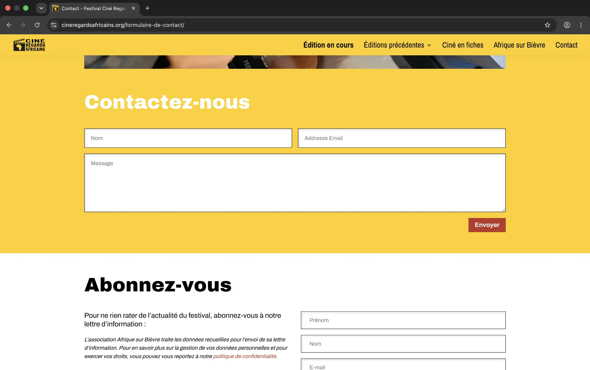 Page contact du site web de Ciné Regards Africains Page contact du site web de Ciné Regards Africains